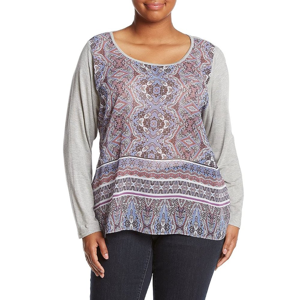 Democracy Grey Paisley Floral Knit Top 2X Plus